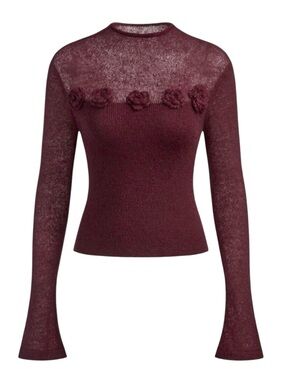 NWT Whimsigoth Y2K 3D Flower Soft Knit Top Sz M Burgundy Bell Sleeve Fitted Boho